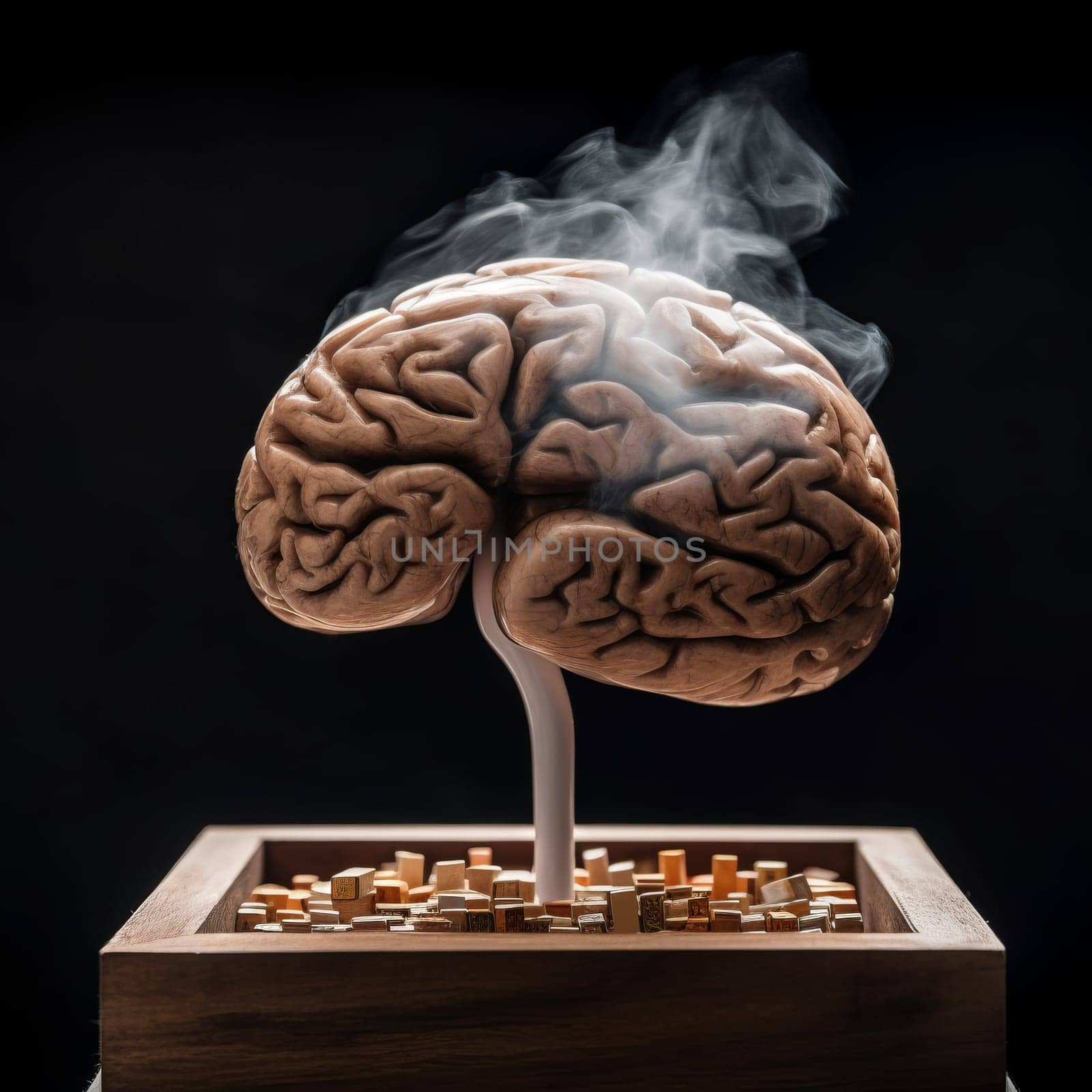 the smoking brain of a smoker stands in a wooden ashtray, on a dark background.