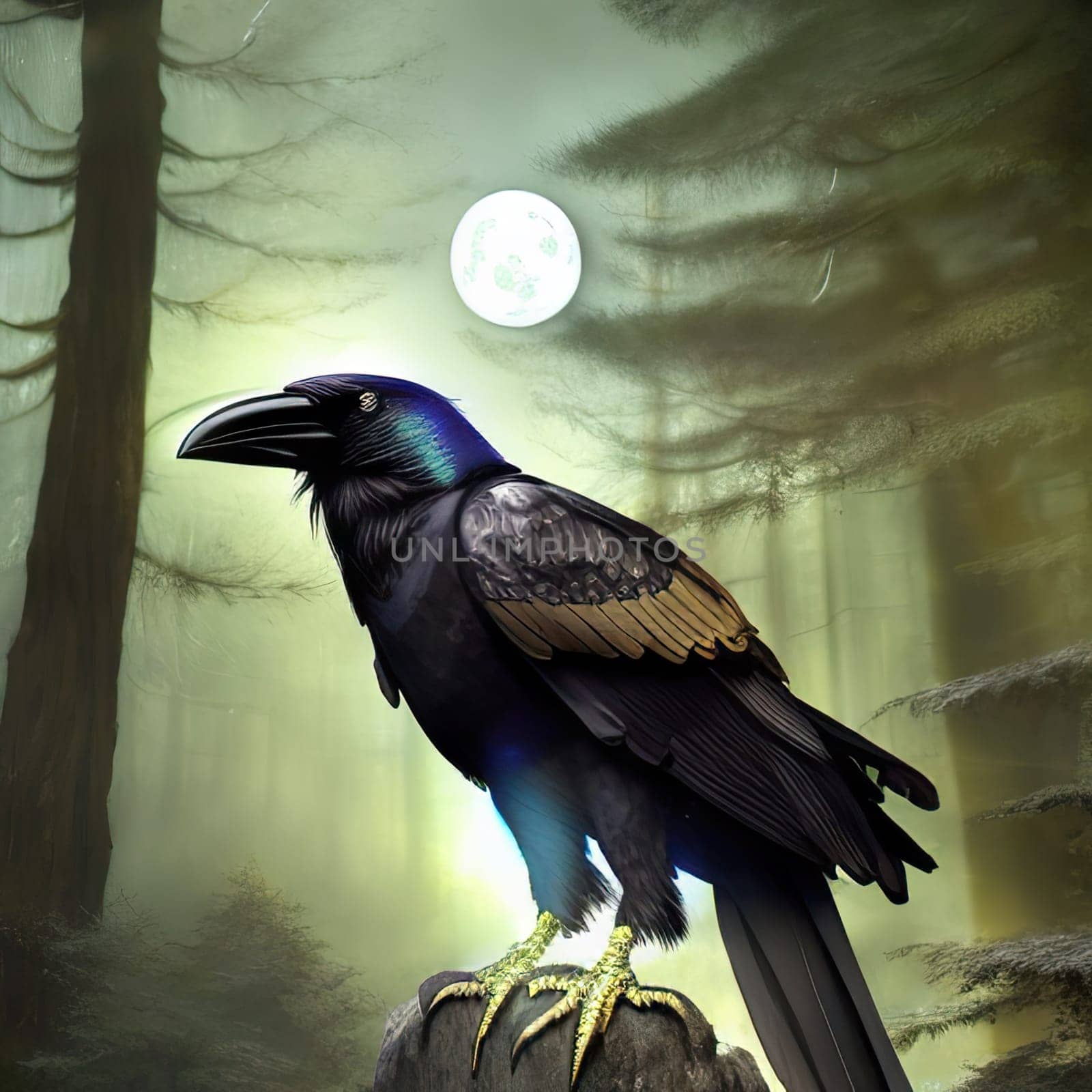 Halloween background. Black raven Spooky cloudy sky with moon and trees