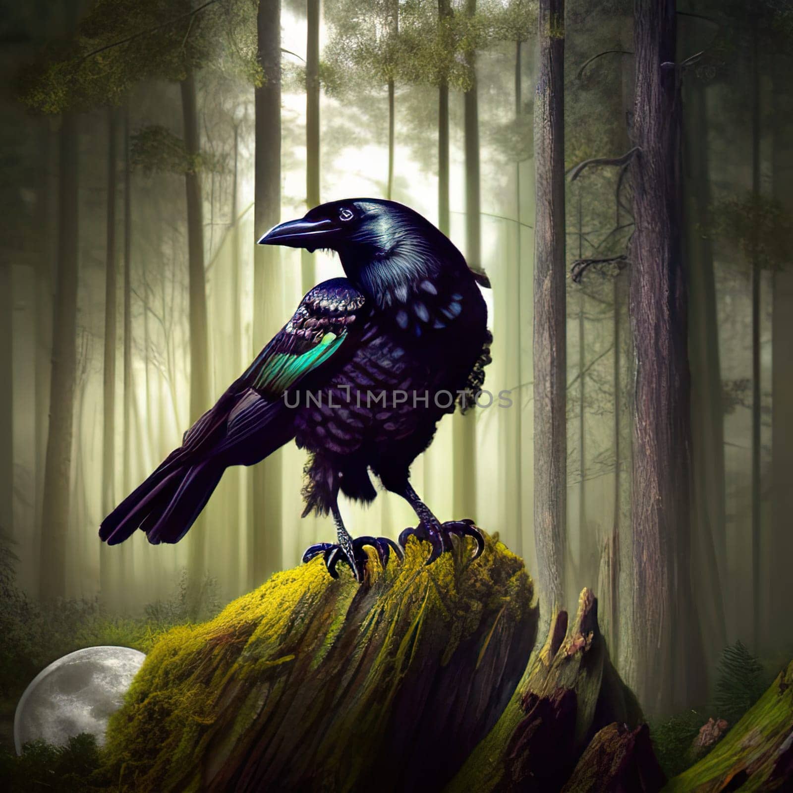 Creepy black crow croaking in misty dark forest on full moon night. by EkaterinaPereslavtseva