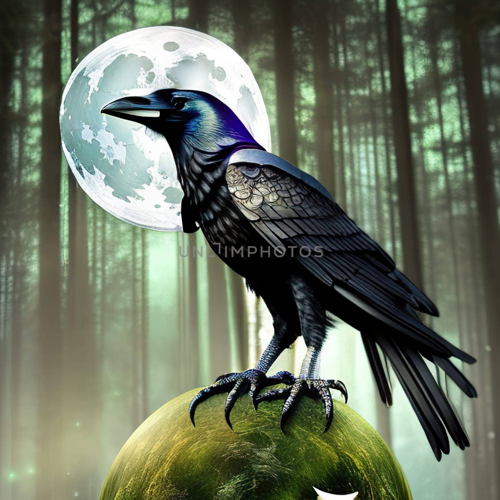 Portrait Mystical Dire Bird raven, Symbol of Gothic, Halloween, fear, by black crows terrible foggy forest. Wild animals crows black silhouette