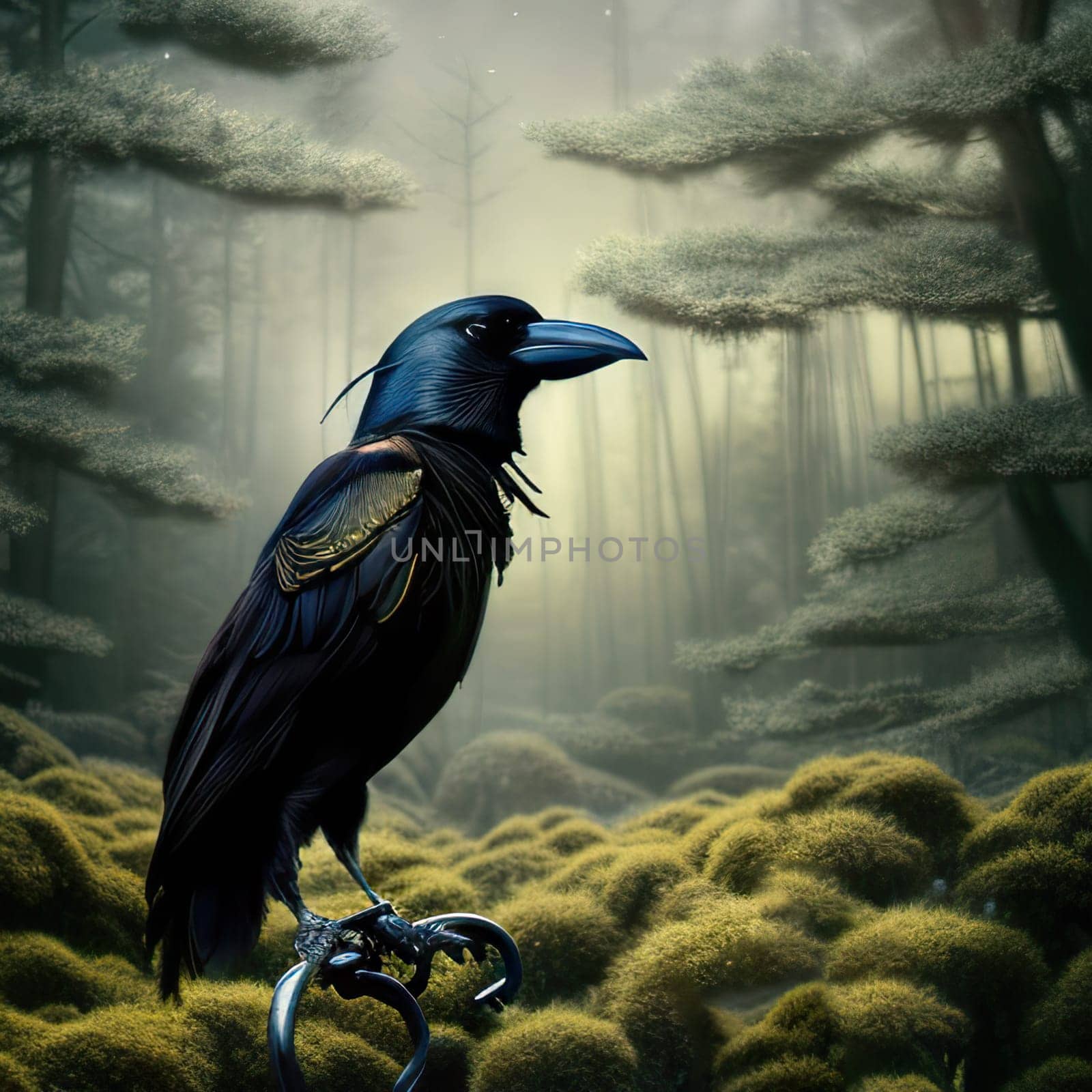 Creepy black crow croaking in misty dark forest on full moon night