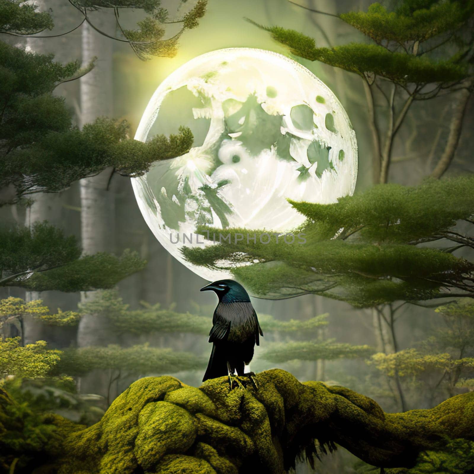 Creepy black crow croaking in misty dark forest on full moon night