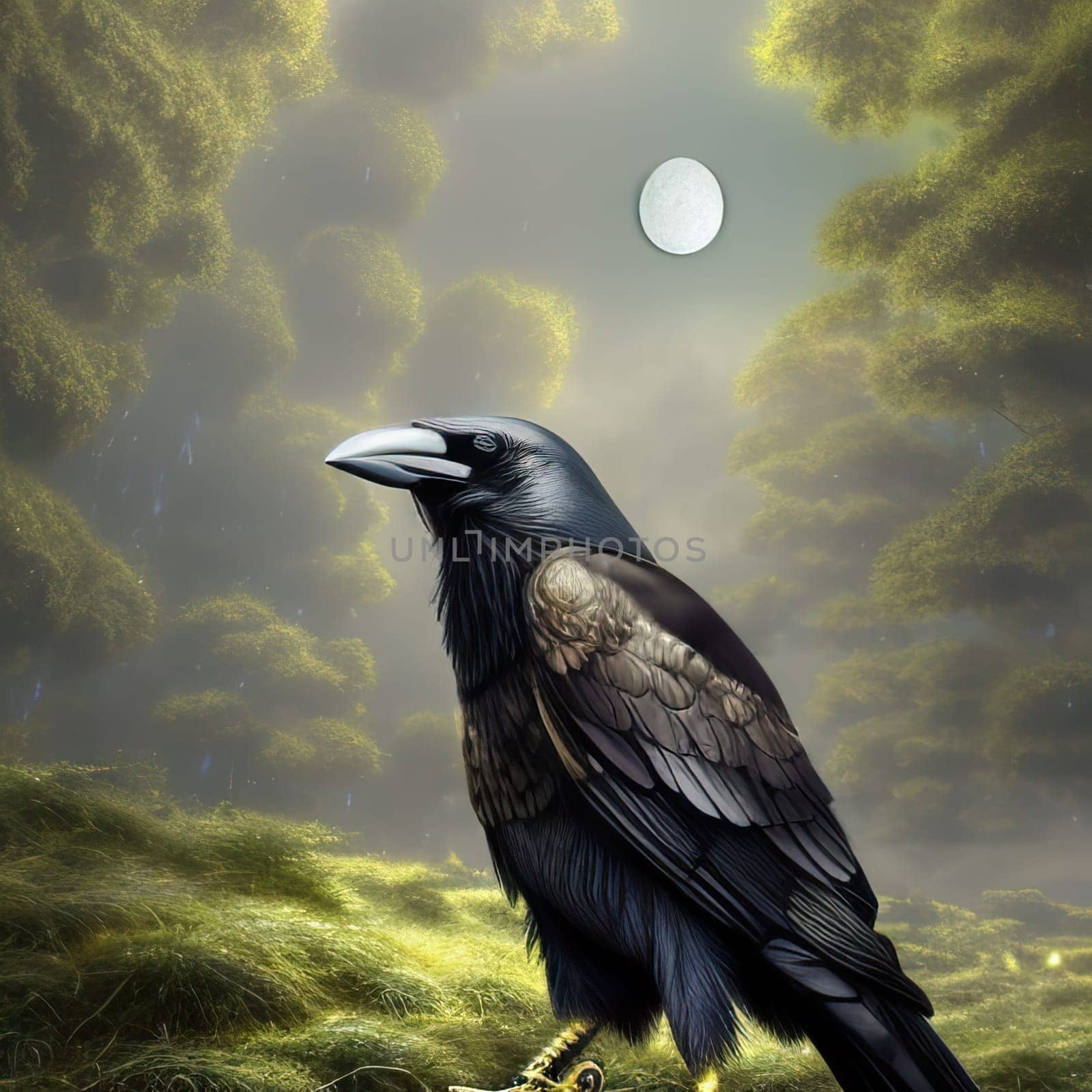 Portrait Mystical Dire Bird raven, Symbol of Gothic, Halloween, fear, by black crows terrible foggy forest. Wild animals crows black silhouette