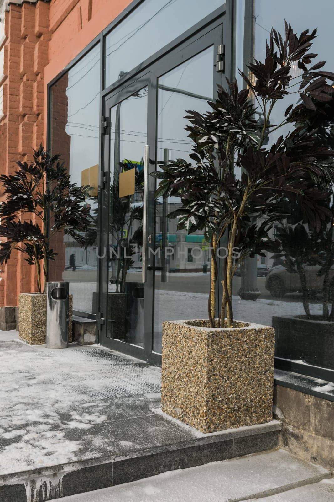 Entrance of restaurant with potted plants outdoors in winter snow season concept.