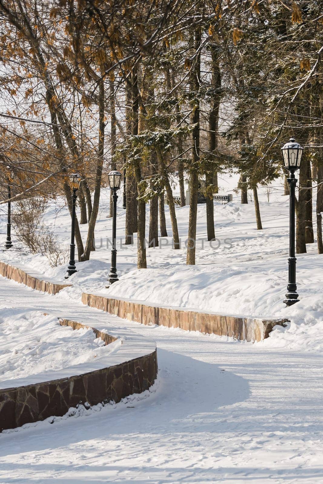 Snowy winter public park in city. Snowy walking path and frost trees. Cold season concept by Satura86