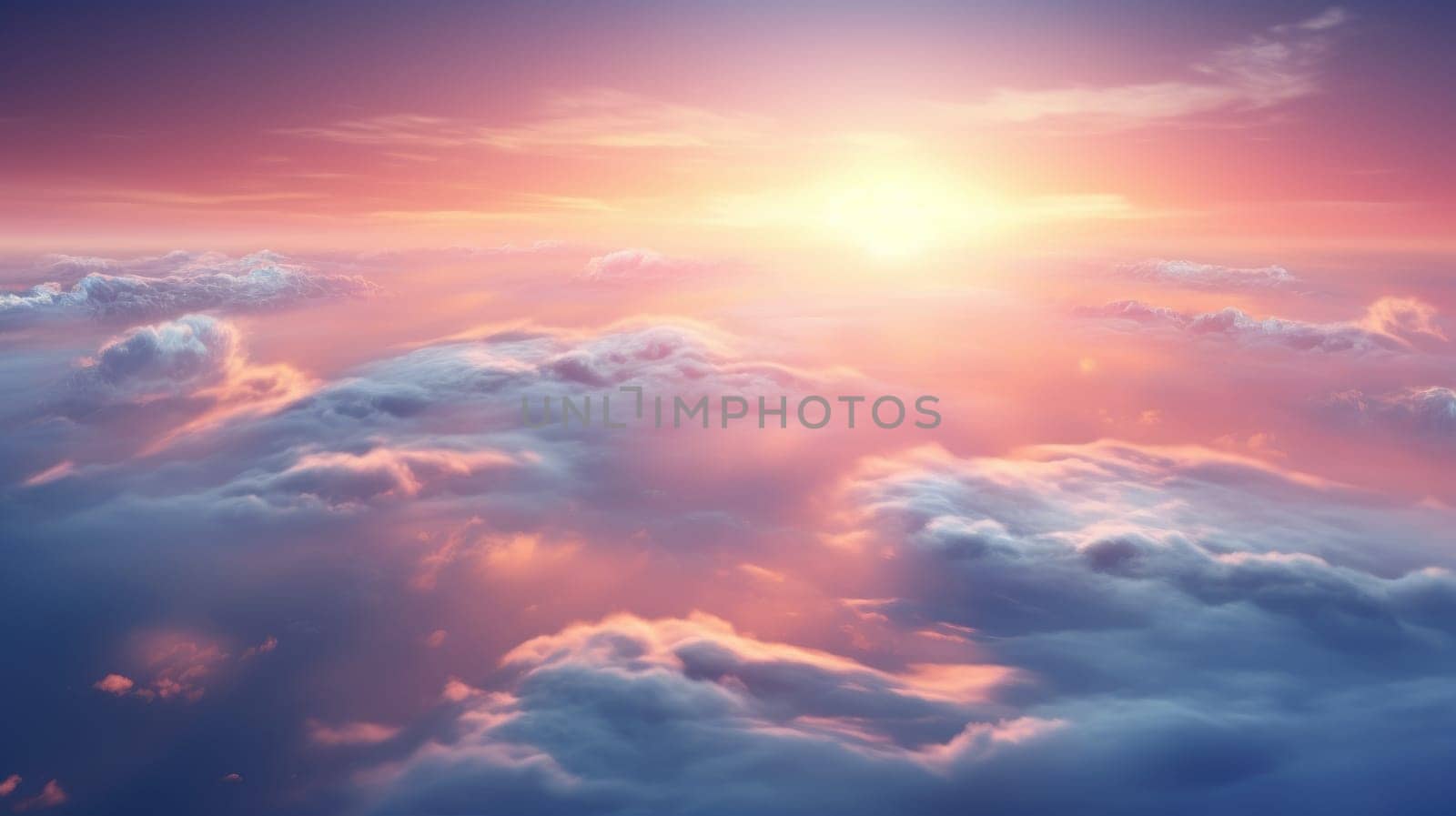 Beautiful sunset sky above clouds with breathtaking light. Generative AI image