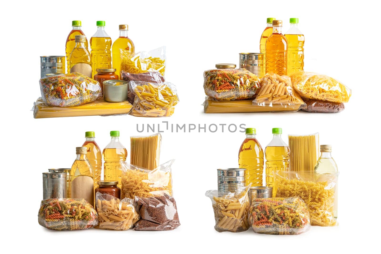 Foodstuff for donation, storage and delivery. Various food, pasta, cooking oil and canned food in cardboard box.