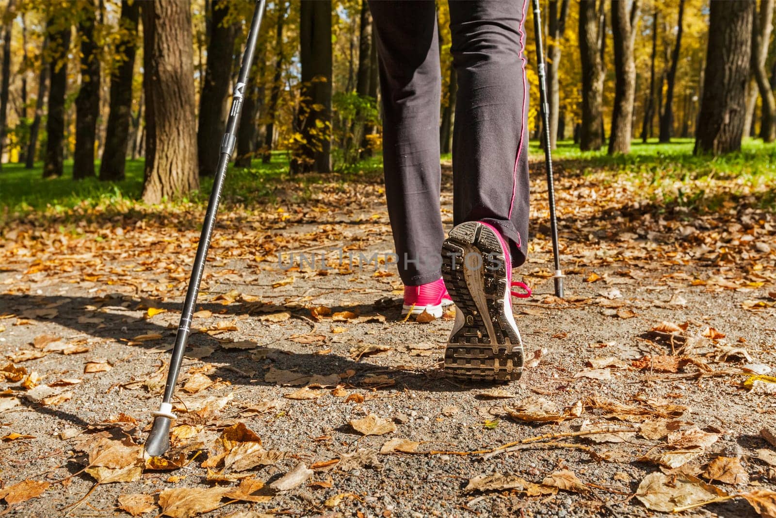 Nordic walking adventure and exercising concept - woman hiking, legs and nordic walking poles in autumn nature