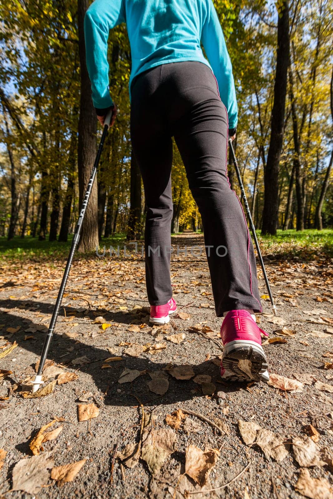 Nordic walking adventure and exercising concept - woman hiking withnordic walking poles in park