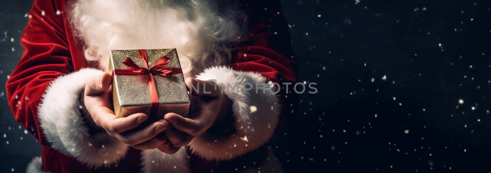Christmas concept. Close up photo of Santa Claus hand holding a gift. Happy New Year, Merry Christmas, Celebration concept Sparkling present box with copy space space for text