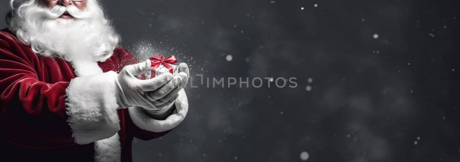 Christmas concept. Close up photo of Santa Claus hand holding a gift. Happy New Year, Merry Christmas, Celebration concept Sparkling present box with copy space space for text