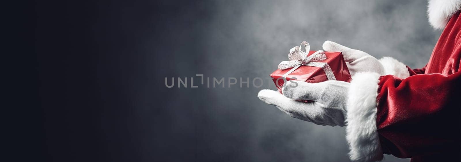 Christmas concept. Close up photo of Santa Claus hand holding a gift. Happy New Year, Merry Christmas, Celebration concept Sparkling present box with copy space by Annebel146