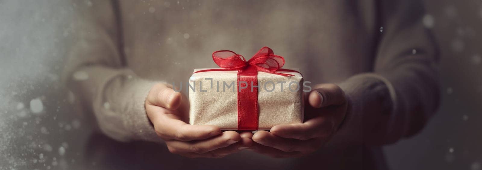 New Year and Christmas background. Female hands holds gift with red ribbon Front view, web banner. Close up hands holding present. Birthday,Christmas,Mothers Day Holiday concept by Annebel146