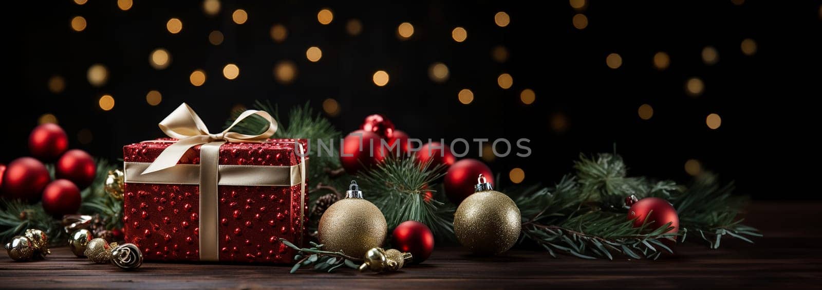 Christmas background theme. Christmas composition. Gifts, fir tree branches, red decorations on dark background. Christmas, winter, new year concept. Flat lay, top view, copy space. Merry Christmas Holiday space for text