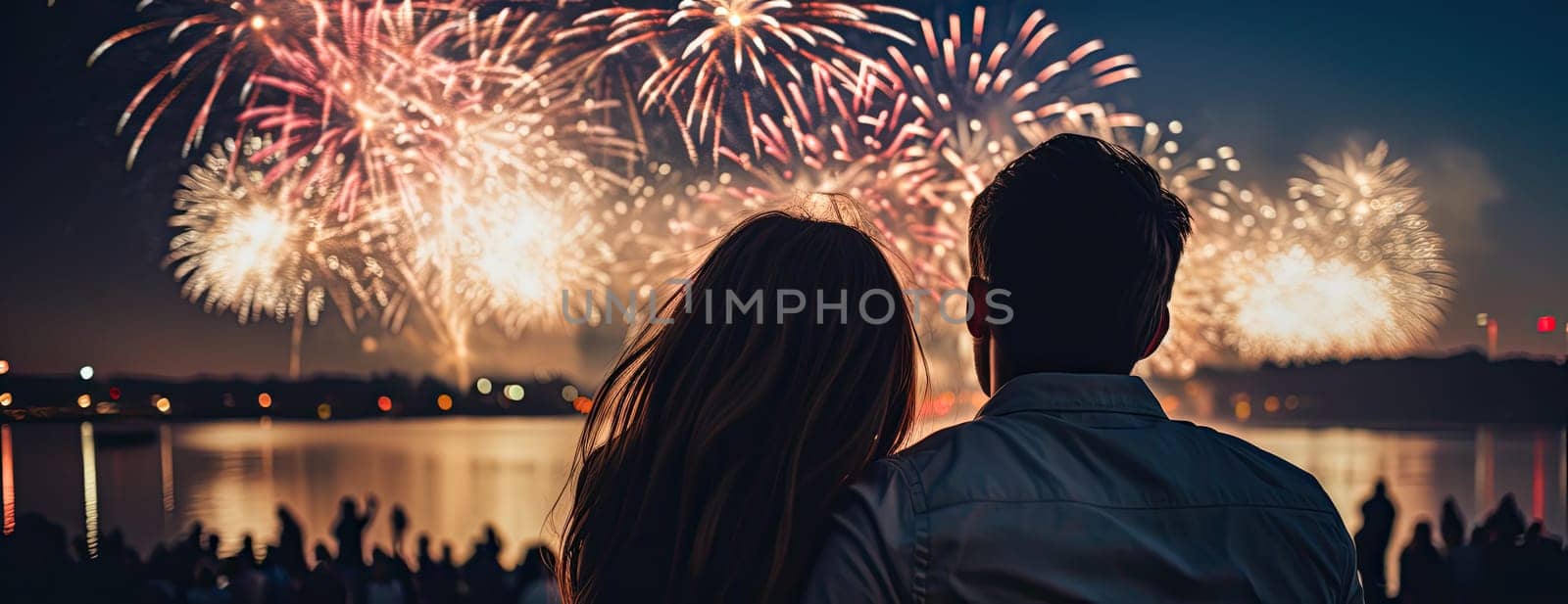Silhouette of a couple in love looking beautiful fireworks in the night sky.