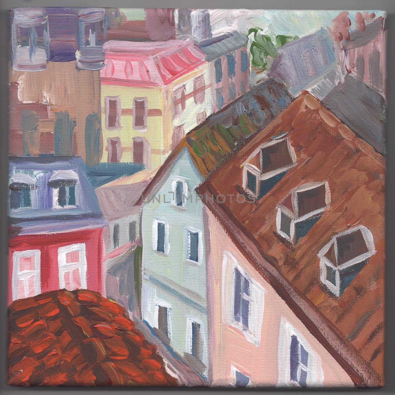 Painting with a view of old Europe. Cute street with houses with a tiled roof