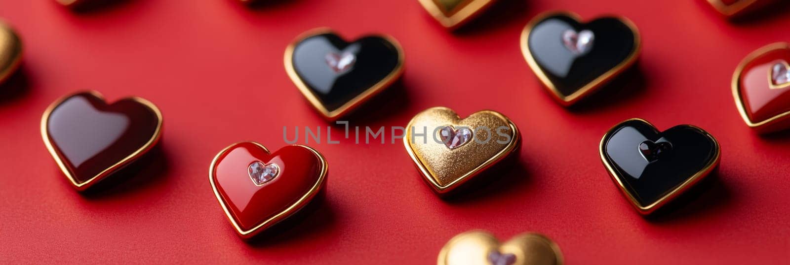 Valentines Day banner showcases elegant heart-shaped chocolates in vibrant reds and golds against striking background. Perfect for capturing love, joy, celebration. Ideal for promotions, decorations