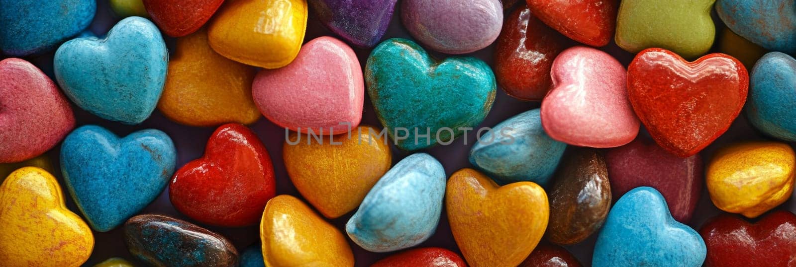 Valentines Day banner displays vibrant, colorful heart-shaped candies scattered playfully. For conveying love and joy, this eye-catching design attracts attention for celebration, parties, promotion