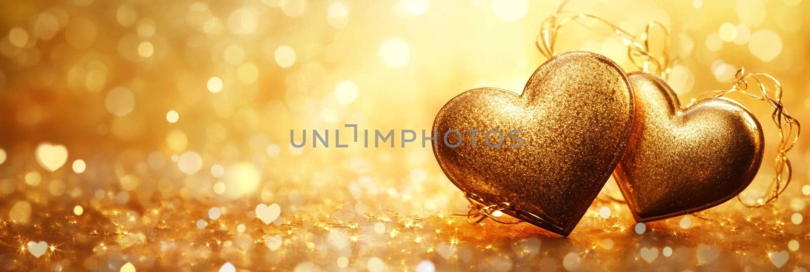 Valentines Day banner features two sparkling golden hearts against shimmering, warm background. For celebrating love, romance, this enchanting design captivates attention for decoration, promotion