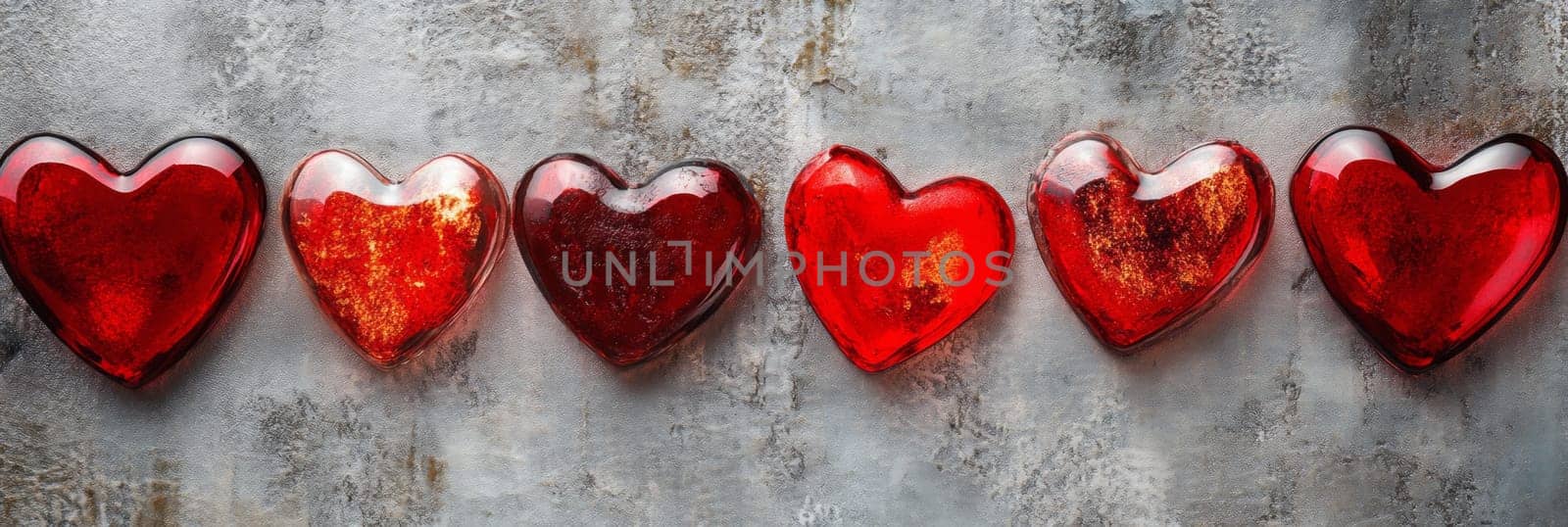Valentines Day banner showcases beautiful, glossy red hearts arranged on textured background. For capturing attention, conveying love, this vibrant design enhances promotion, romantic celebration