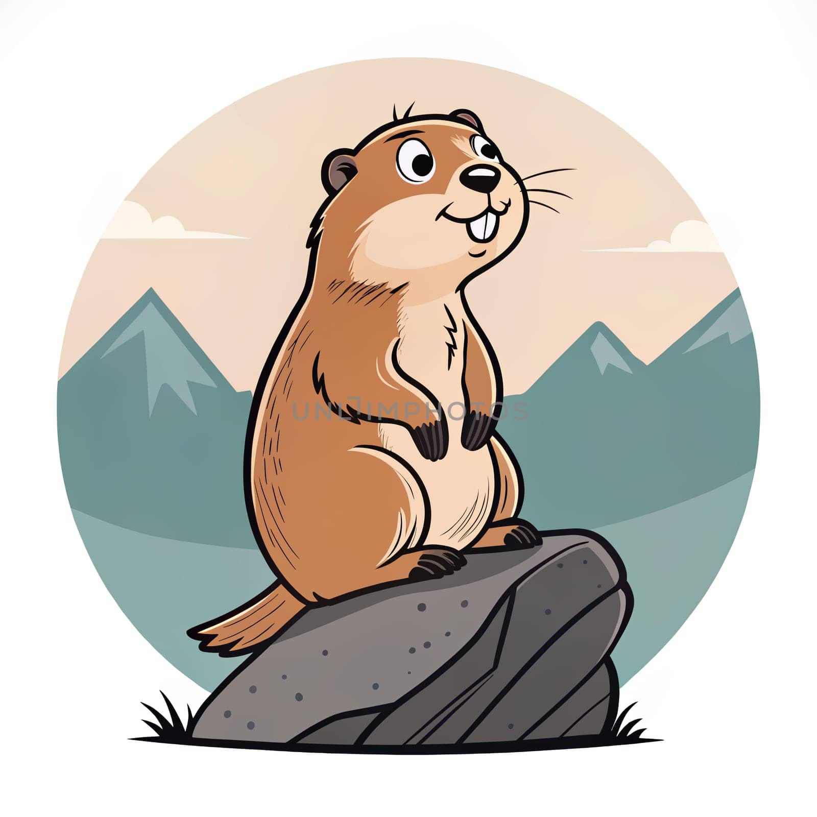 A cartoon-style marmot stands proudly on a rock in a serene mountainous area, displaying a joyful demeanor amidst lush grass and distant mountains - Generative AI