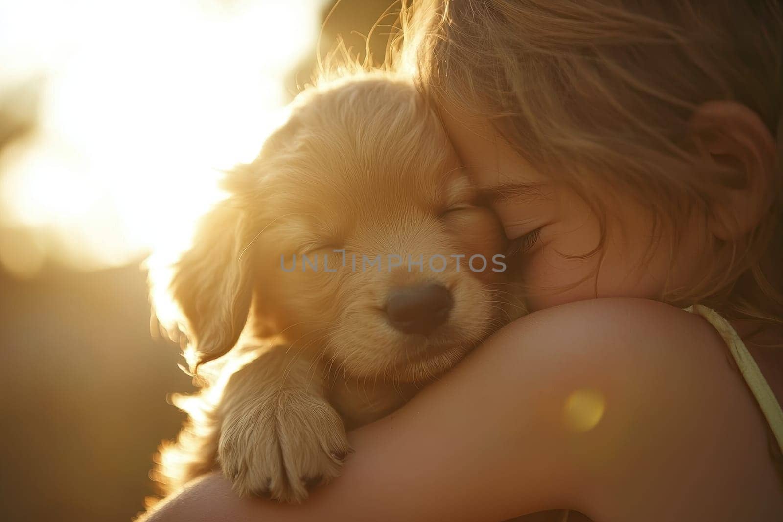 A heartwarming scene of a child embracing a puppy, highlighting the bond between them in beautiful sunlight. The joy and love are palpable.