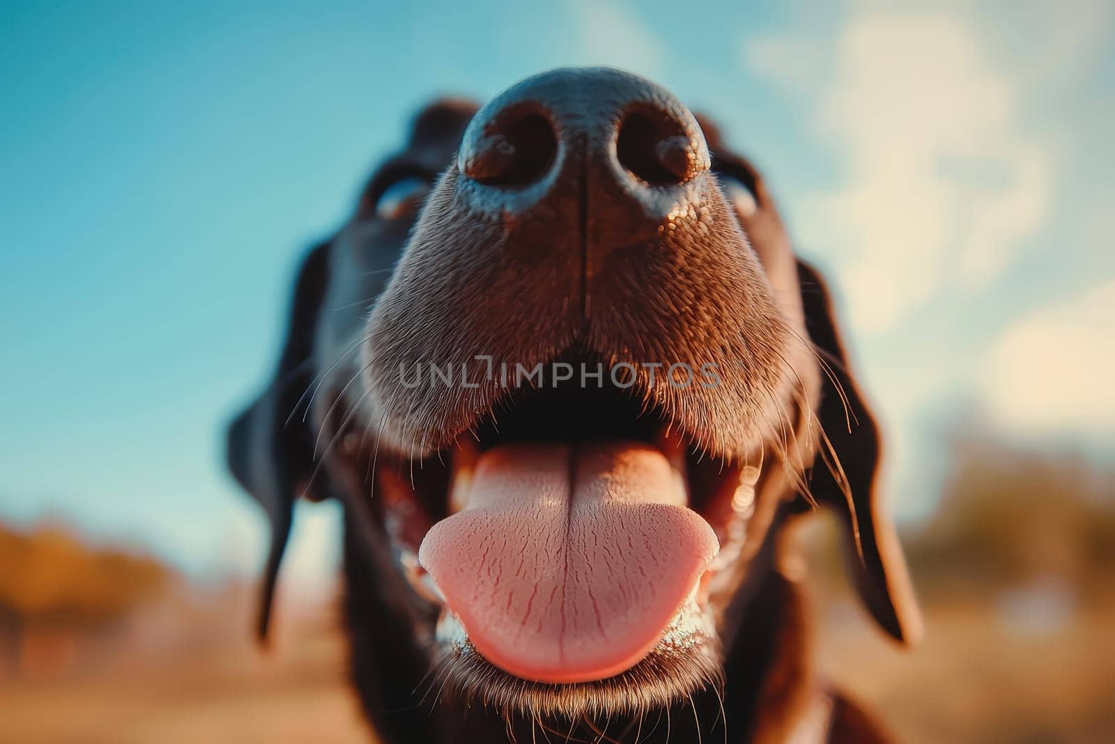A joyful black dog with its tongue out, basking in the sun under a blue sky, exudes happiness and playfulness in a delightful outdoor setting.