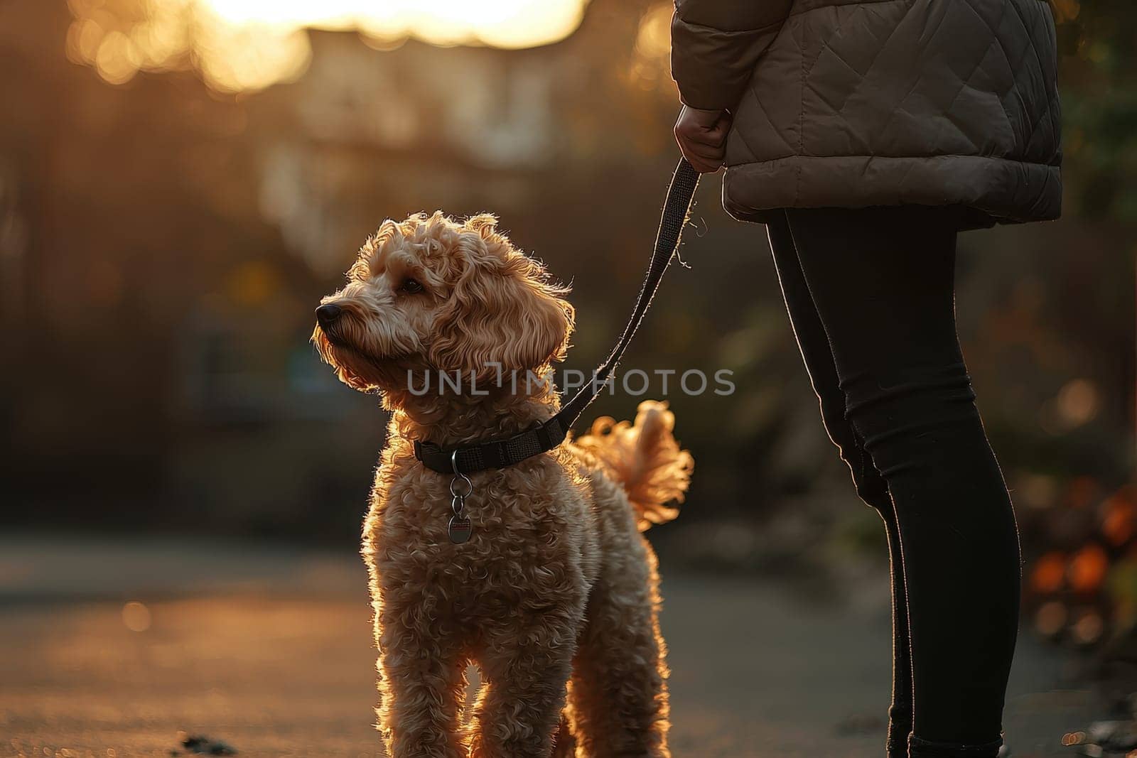 A person walks a golden dog on a leash during a stunning sunset, creating a peaceful outdoor moment. The warm light adds serenity to their stroll.