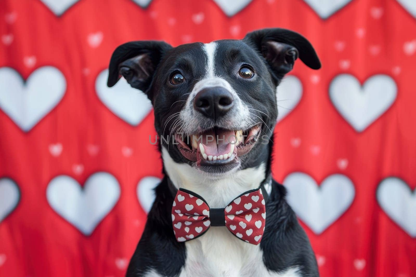 A joyful black and white dog wearing a cute bow tie smiles brightly against a vibrant red background adorned with heart shapes, perfect for love-themed projects.