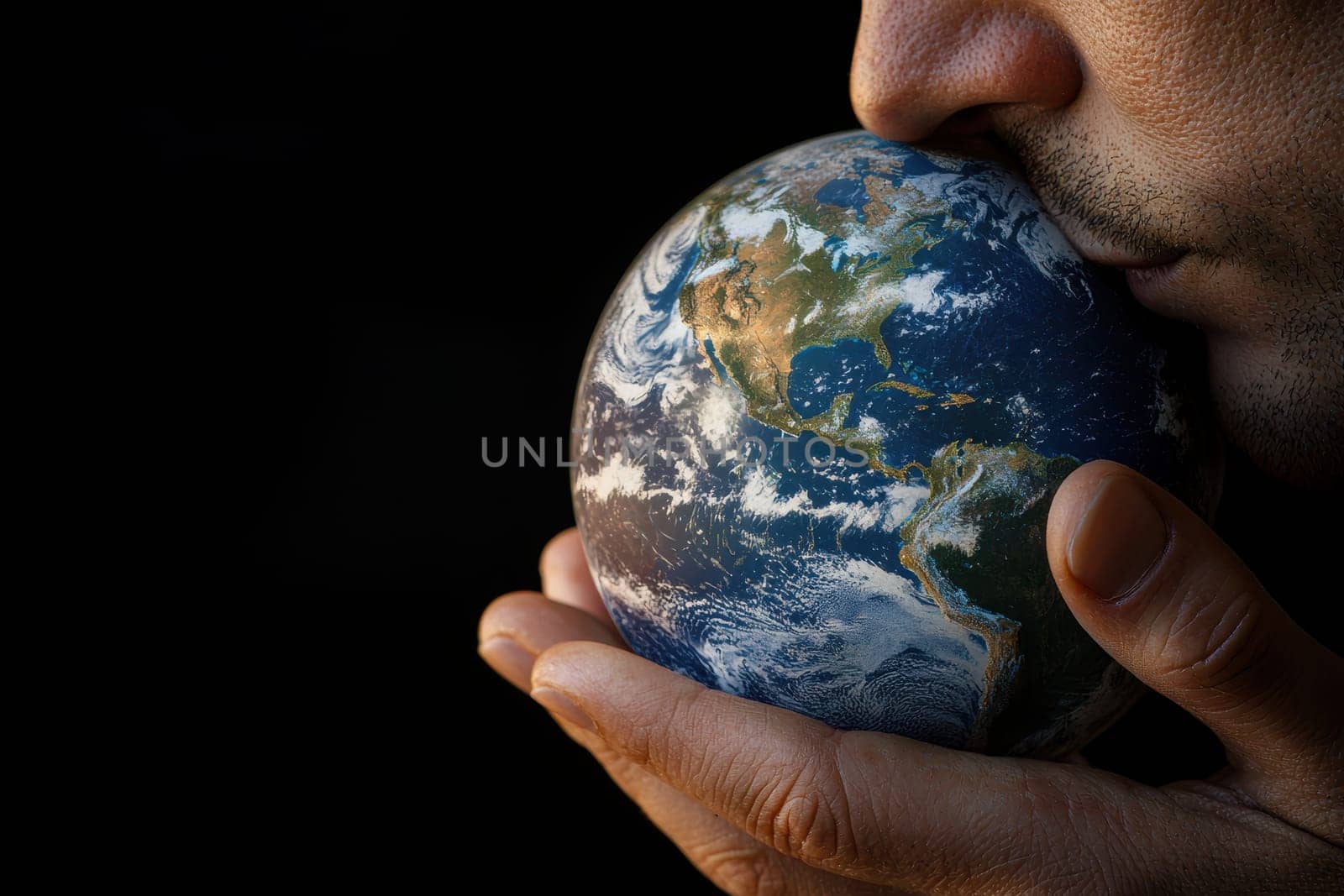 A person is shown gently holding and kissing a globe, symbolizing love and care for the Earth in a moment of warmth and connection.