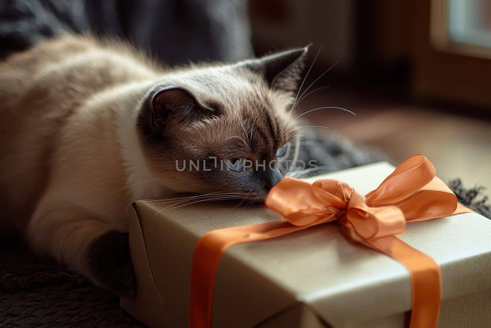 A delightful scene featuring a cute cat with blue eyes lounging on a beautifully wrapped gift box. The cozy atmosphere captures the essence of comfort and joy.