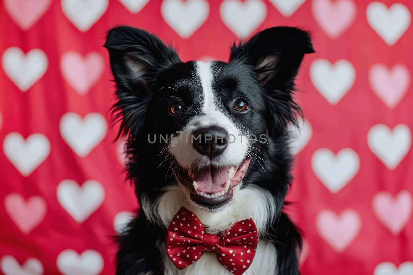 A black and white dog wearing a red bow tie is smiling and looking at the camera. The image has a warm and affectionate mood, as the dog appears to be happy and content