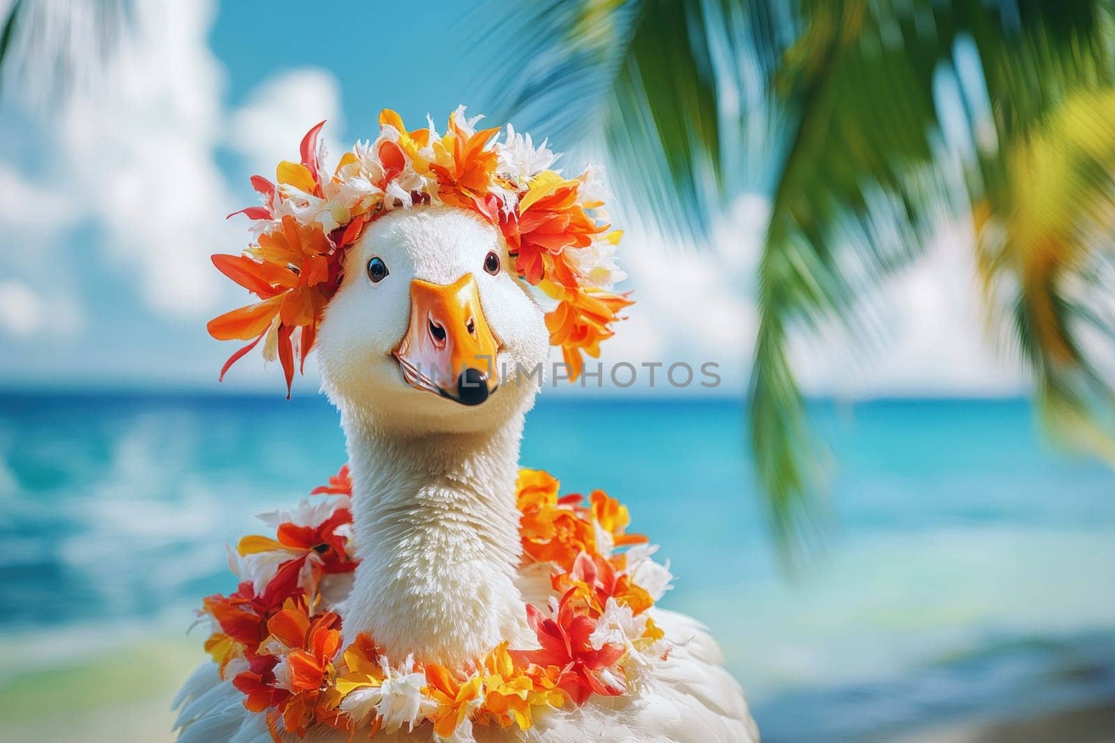 A charming white goose decorated with a bright floral crown poses against a stunning tropical beach backdrop, perfect for summer-themed projects.
