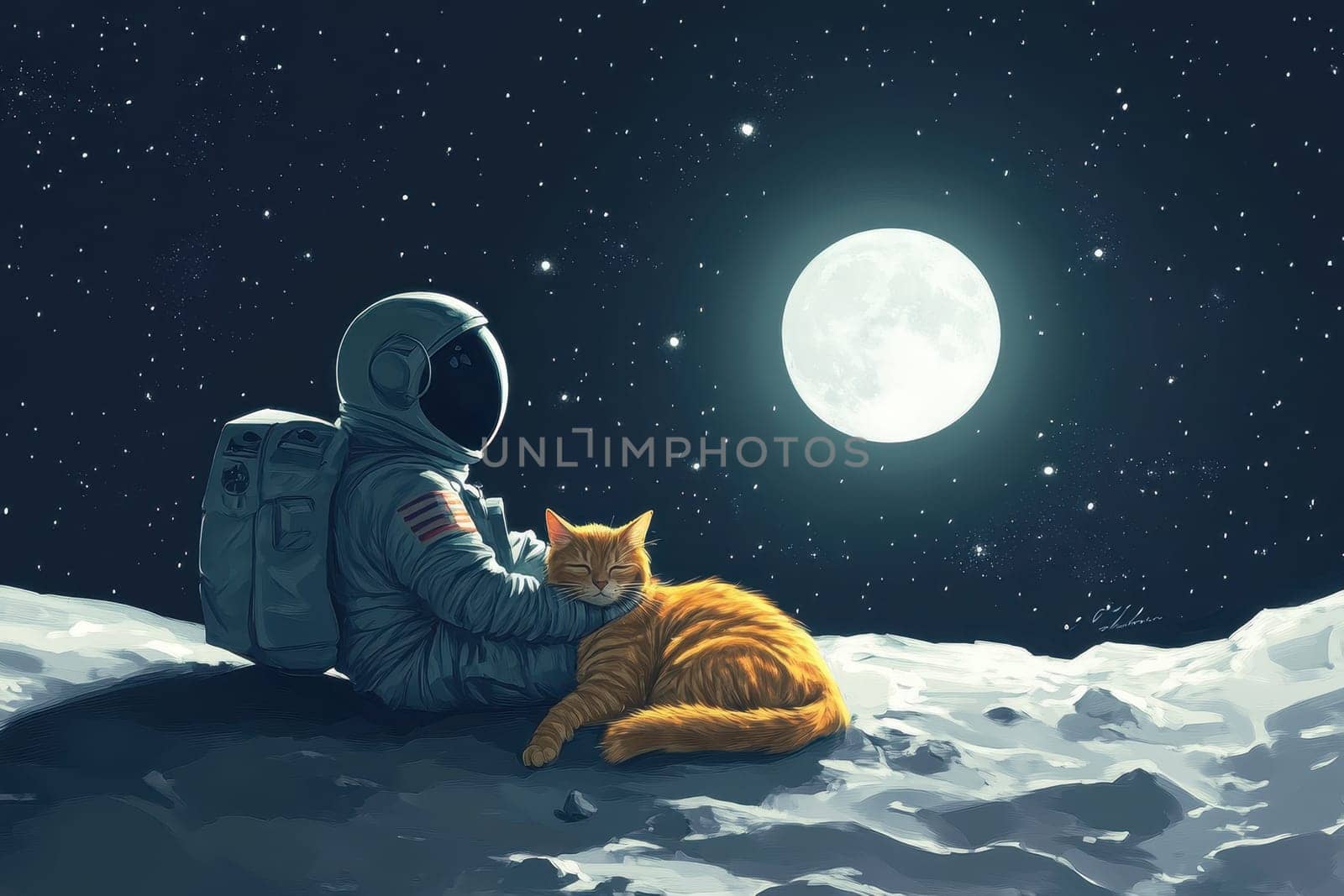 An astronaut enjoys a tranquil moment on the moon, cuddling with a peaceful cat under a luminous full moon, surrounded by twinkling stars.