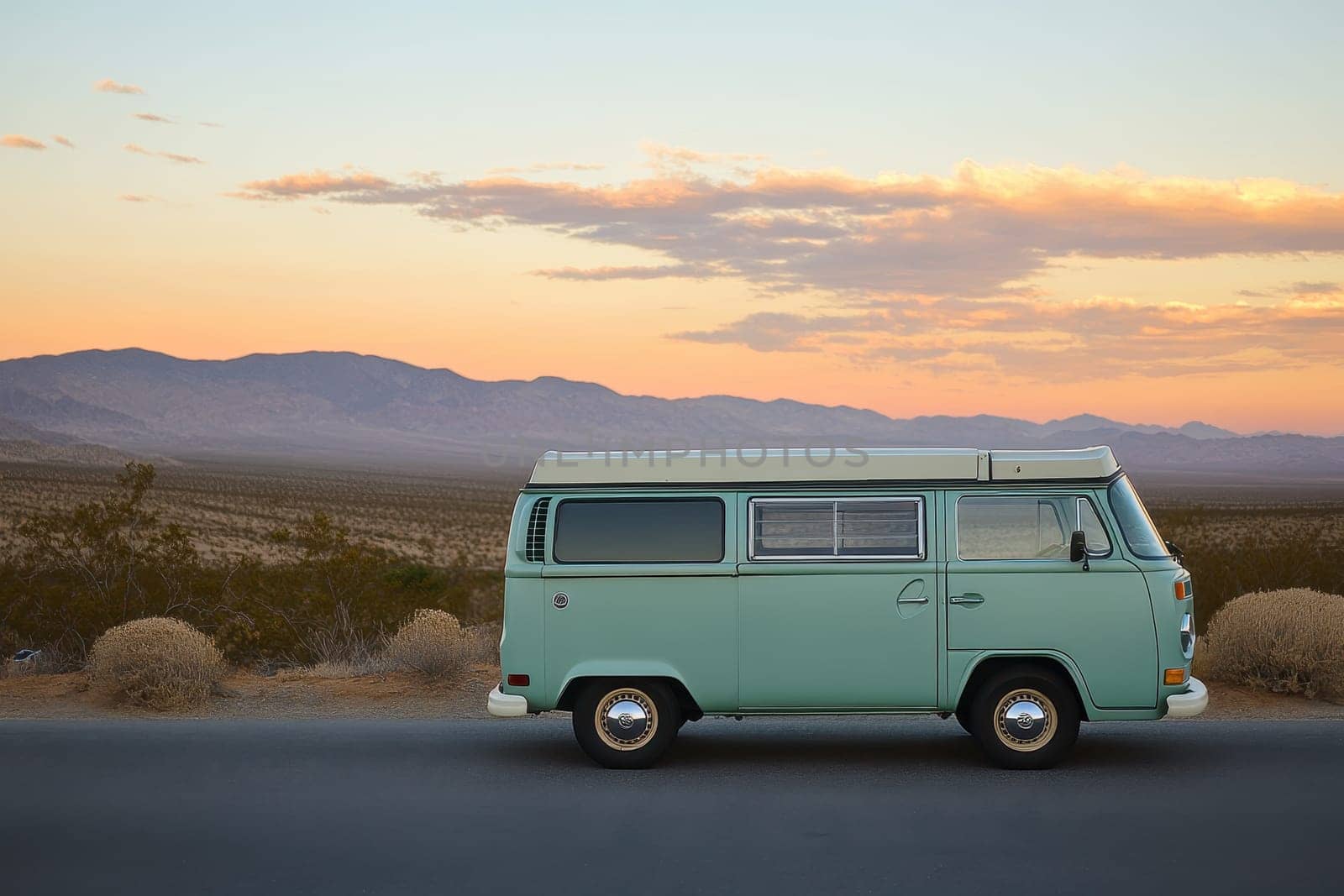 A stunning vintage Volkswagen van parked alongside a tranquil desert landscape at sunset, with majestic mountains in the background, inviting adventure and exploration.