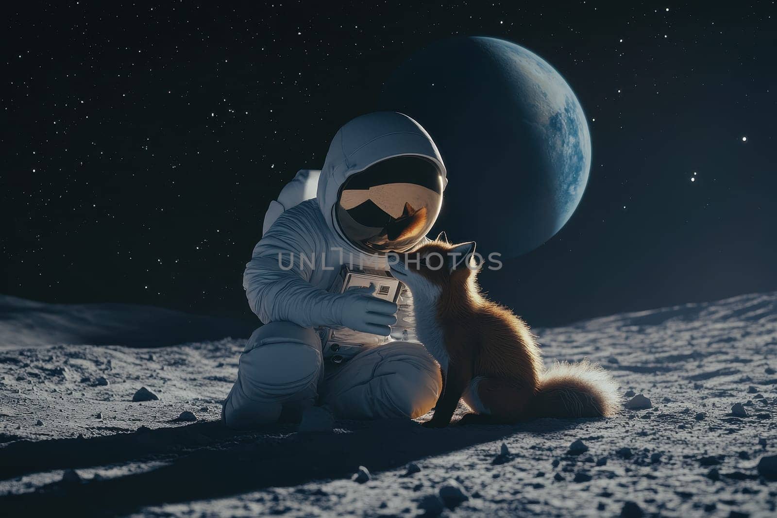 An imaginative scene depicting an astronaut kneeling to interact with a fox on the lunar surface, surrounded by stars and a distant planet, evoking wonder and curiosity.