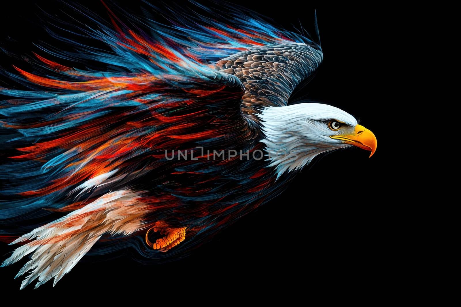 This vibrant illustration showcases a majestic eagle in full flight, featuring colorful feathers and a fierce expression against a dark backdrop, embodying strength and freedom.
