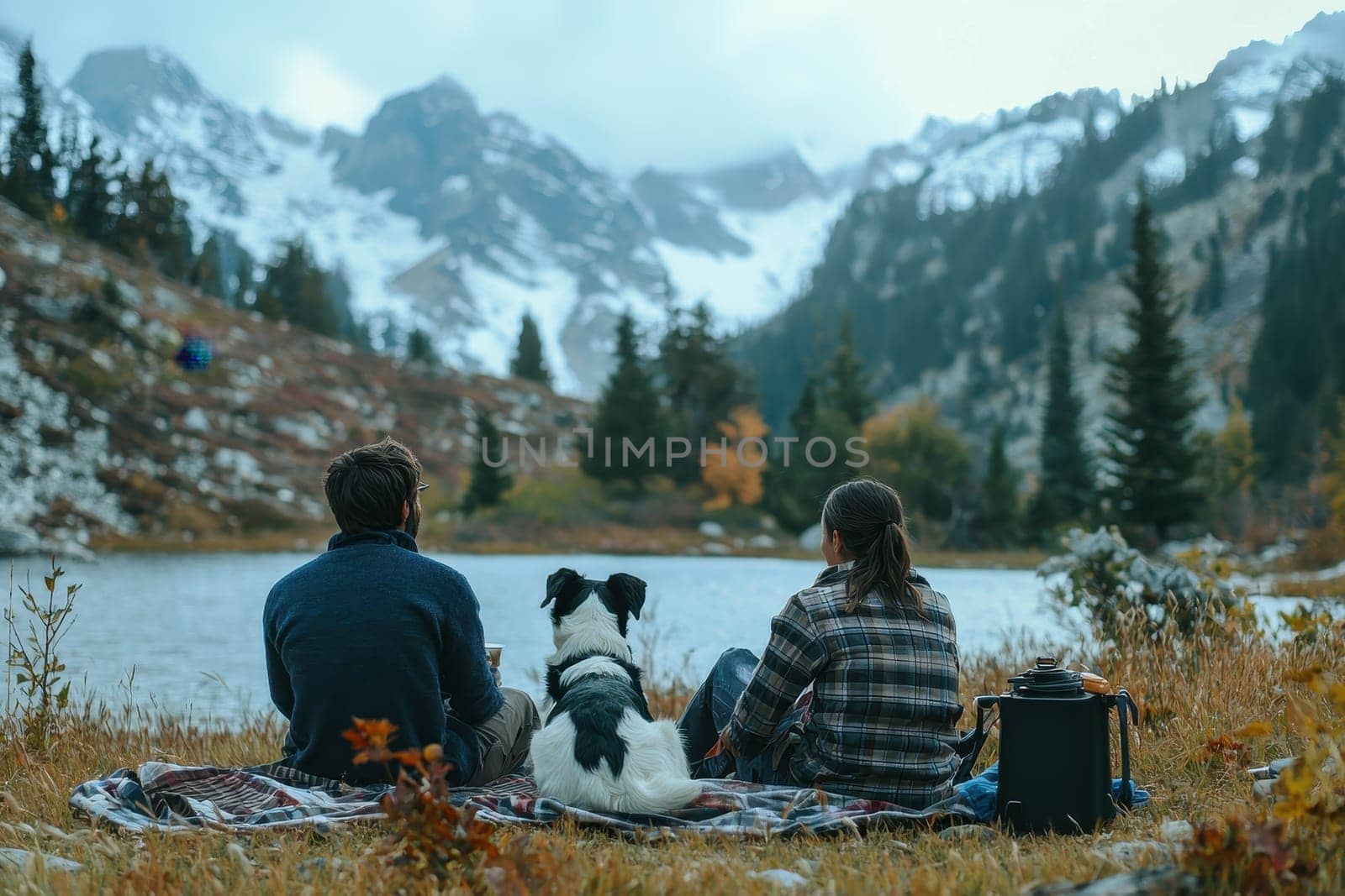 A serene moment featuring a couple and their dog enjoying a picturesque mountain view by a calm lake during autumn, capturing the essence of outdoor adventure and companionship.