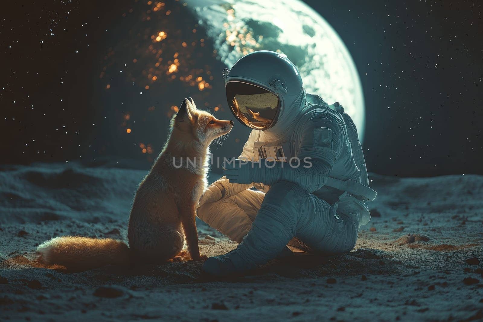An astronaut gently interacts with a curious fox on the moon's surface, showcasing a surreal connection against a backdrop of Earth and stars.