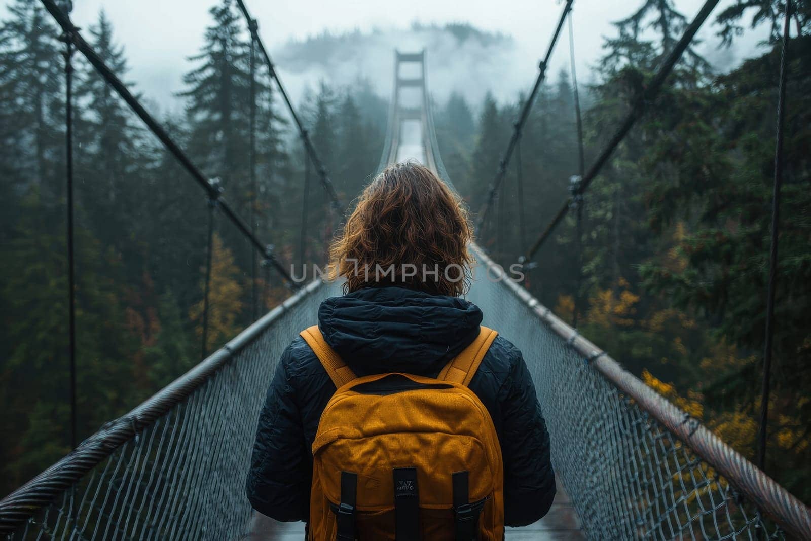 A solitary traveler stands on a suspension bridge, gazing into the fog-blanketed forest, showcasing the beauty of nature and adventure.