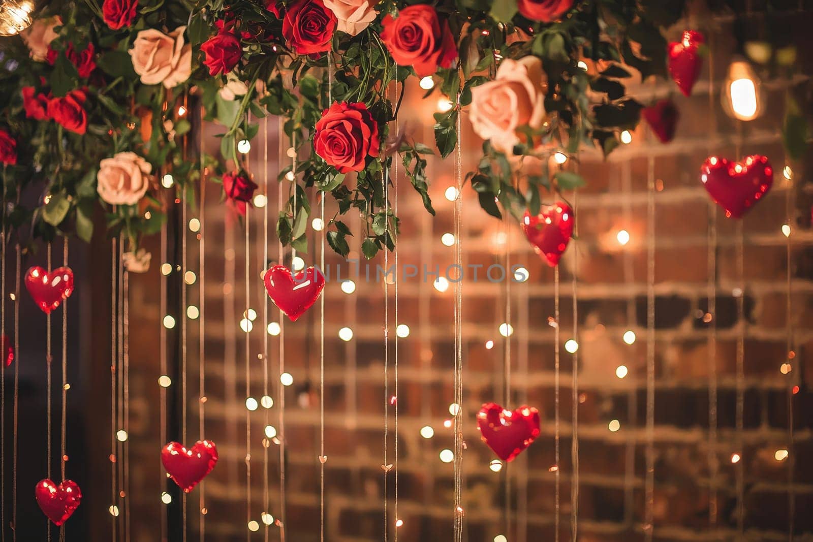 A wall with red and pink flowers hanging from it and hearts hanging from the ceiling