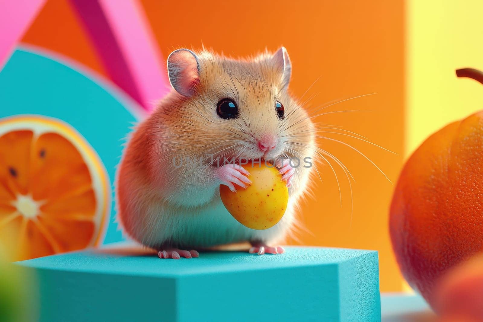 An adorable hamster enjoys a small yellow fruit against a vibrant and colorful background, creating a cheerful moment in animal photography.