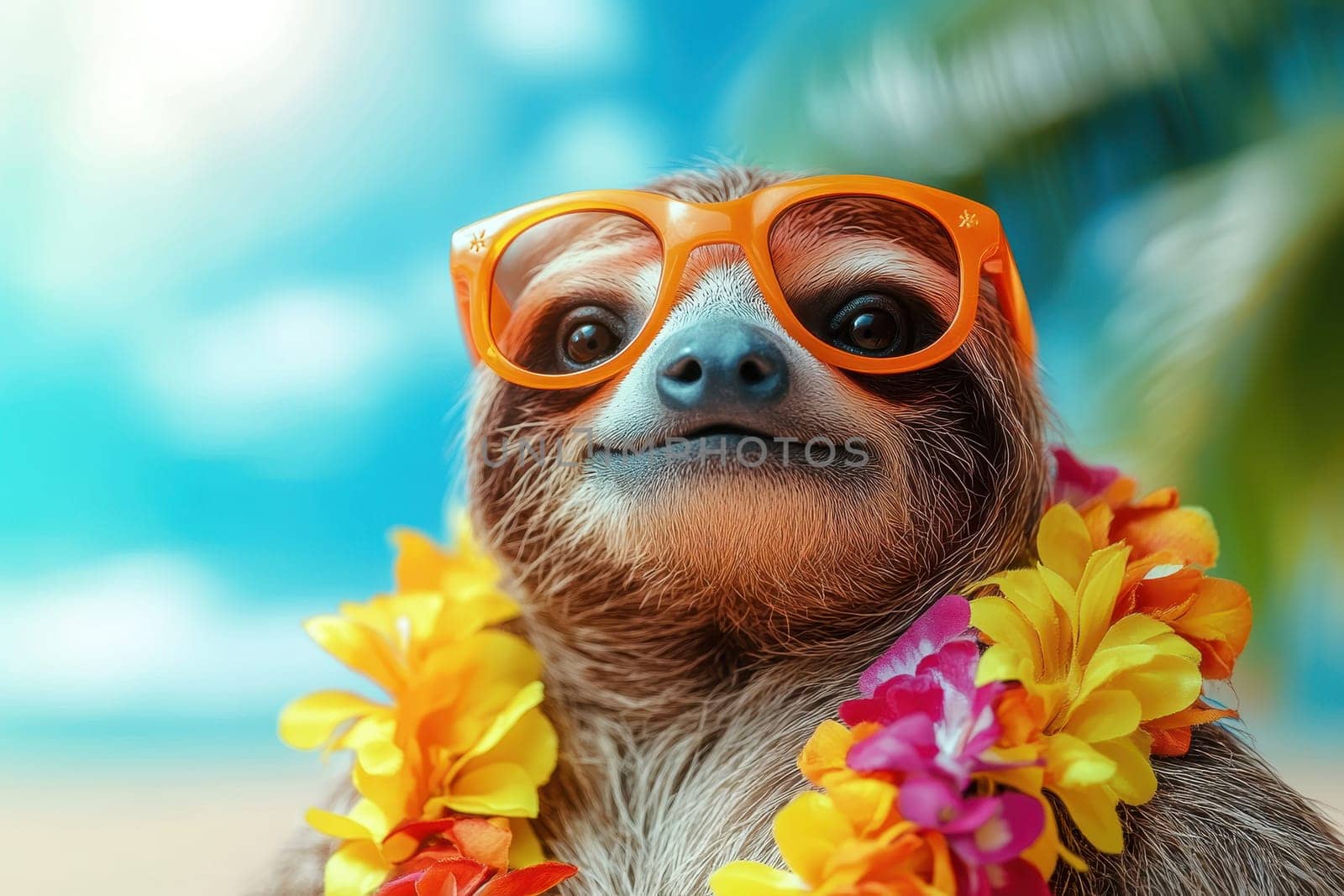 A cheerful sloth dons stylish sunglasses and a colorful flower lei, exuding a fun summer vibe against a tropical beach backdrop.