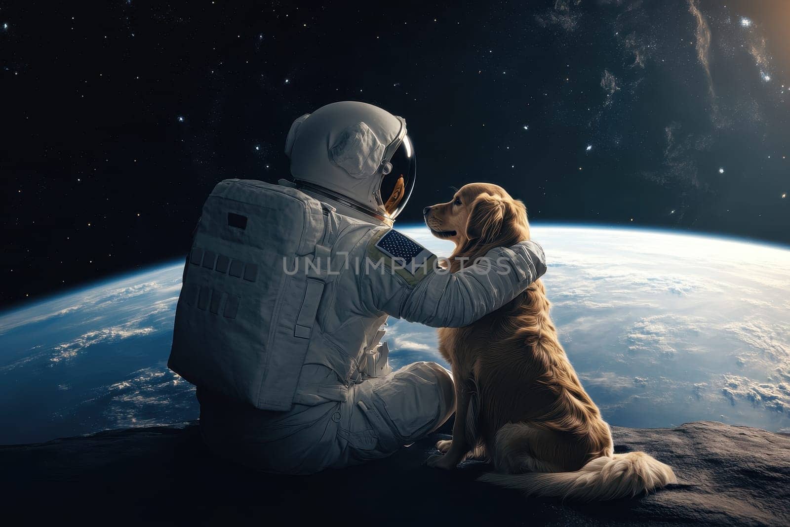 An astronaut shares a heartwarming moment with a golden retriever on the moon, gazing at Earth. This image captures the essence of friendship in an imaginative space setting.