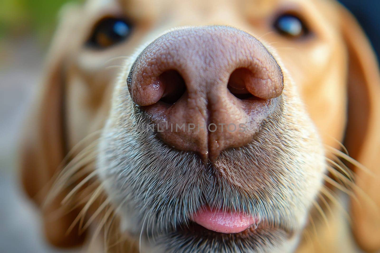 A playful dog nose and tongue dominate this close-up image, featuring soft focus on a natural background, capturing the essence of joy and curiosity in pets.
