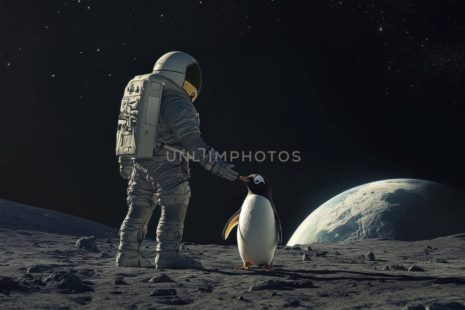 A whimsical scene shows an astronaut gently interacting with a penguin on the moon surface, highlighting themes of friendship, exploration, and surrealism under a vast starry sky.