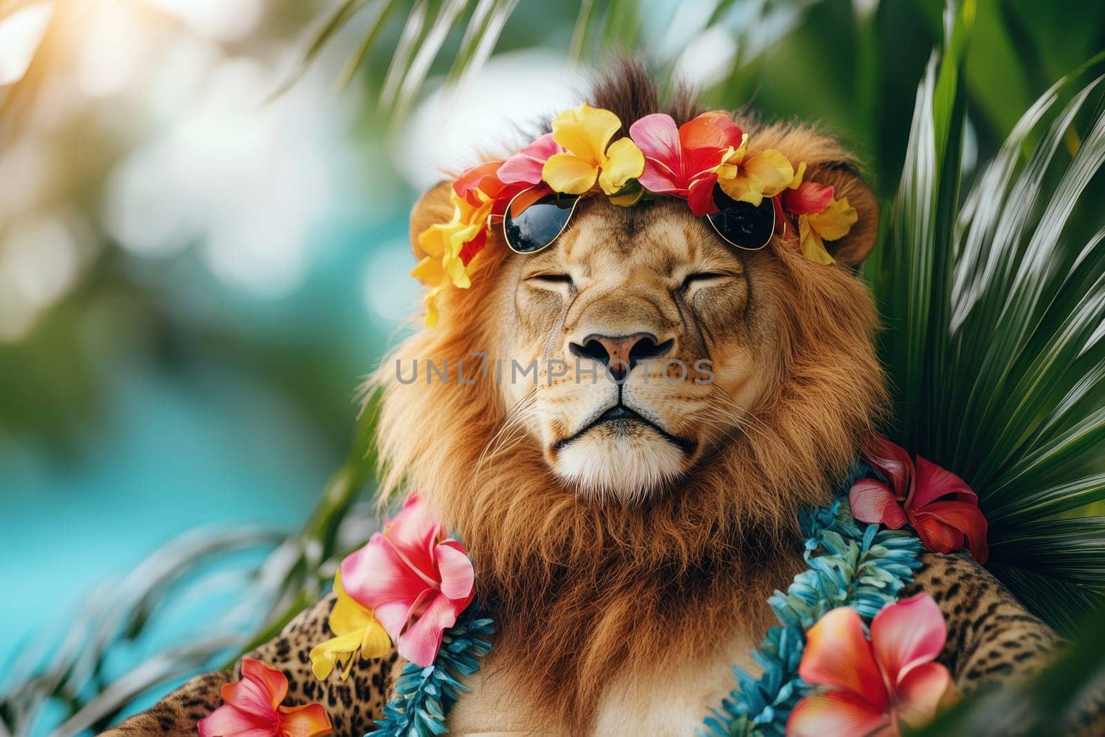 A charming lion adorned with a flower crown and sunglasses in a lush tropical setting, radiating relaxation and summer joy, perfect for vacation themes.