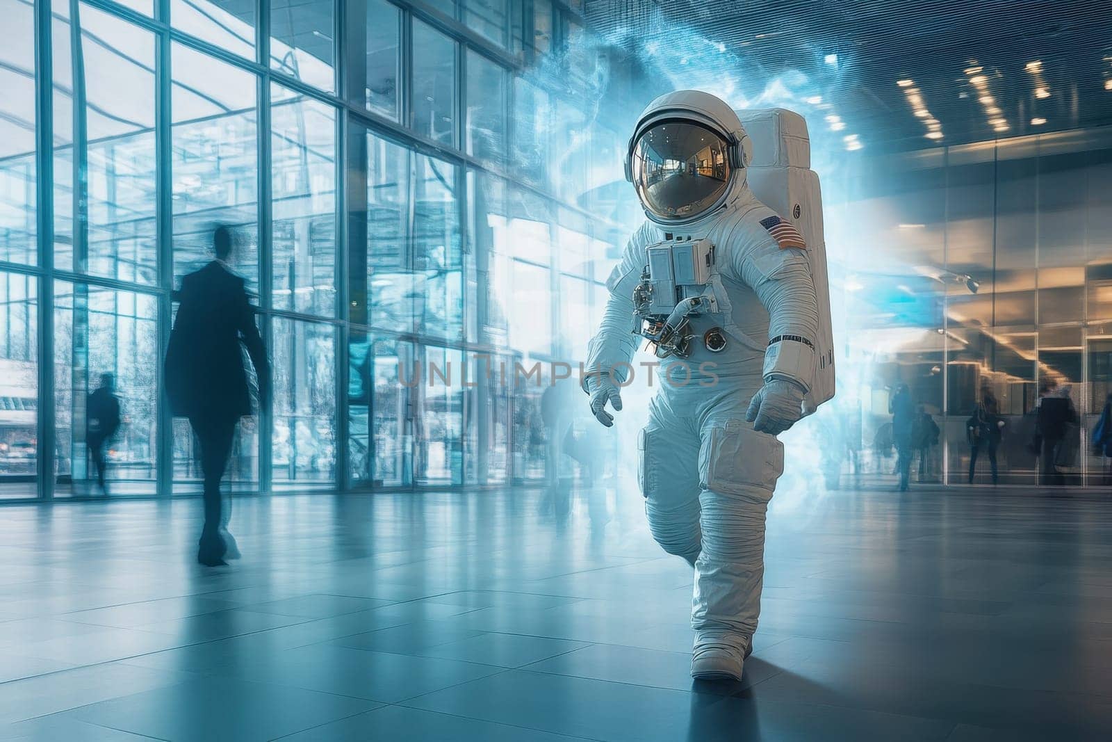 An astronaut strides confidently through a contemporary indoor setting, blending space elements with modern architecture, creating a captivating and surreal atmosphere.