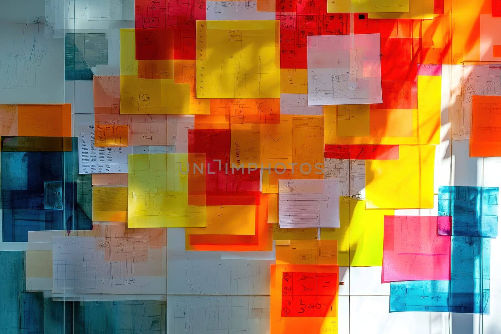 A vibrant collection of sticky notes and papers in various colors arranged on a wall, creating a dynamic visual display full of energy and creativity.