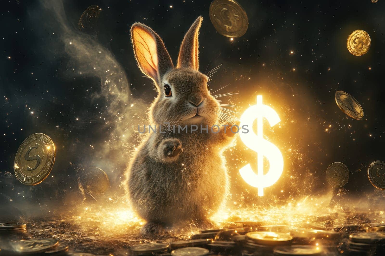 A whimsical rabbit stands amid shimmering coins, radiating magic with a glowing dollar sign, creating a fantasy atmosphere perfect for themes of wealth and enchantment.